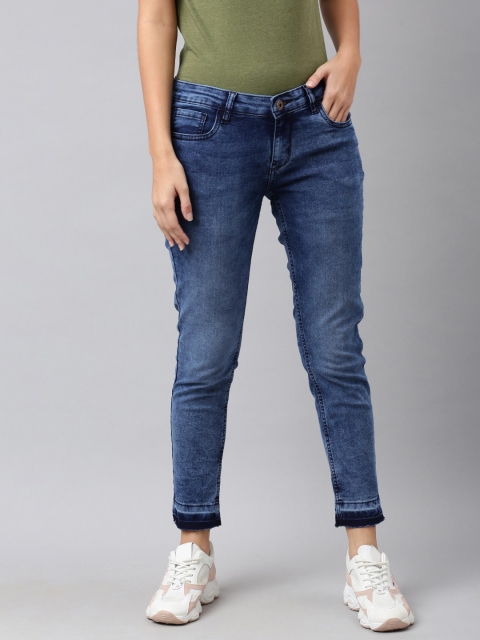

Provogue Women Blue Skinny Fit Mid-Rise Clean Look Stretchable Cropped Jeans with Raw Hem
