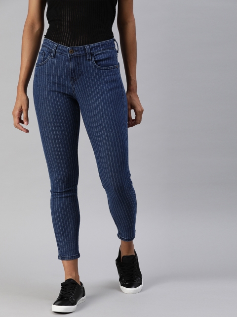 

Provogue Women Blue & White Striped Skinny Fit Mid-Rise Clean Look Cropped Jeans