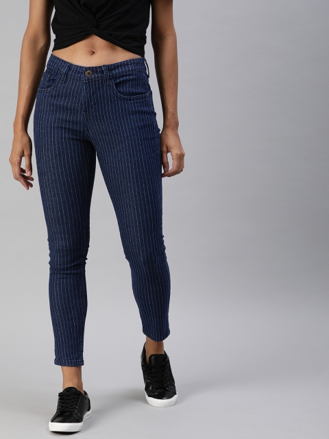 

Provogue Women Blue & White Striped Skinny Fit Mid-Rise Clean Look Cropped Jeans