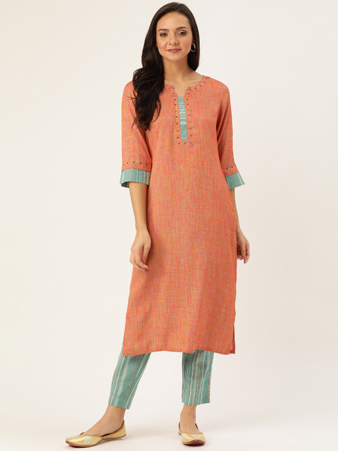 

Jaipur Kurti Women Rust Orange & Green Woven Design Kurta with Trousers