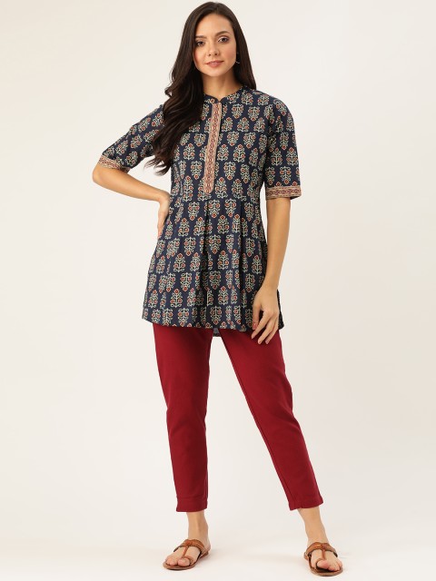

Jaipur Kurti Women Navy Blue & Maroon Printed Kurti with Trousers