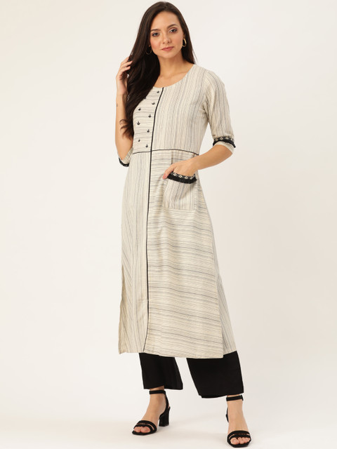 

Jaipur Kurti Women Off-White & Black Striped Kurta with Palazzos