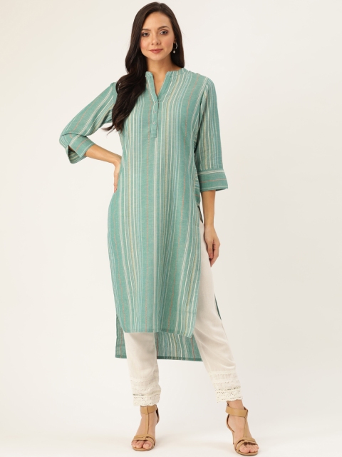 

Jaipur Kurti Women Green & Off-White Self-Striped Straight High-Low Kurta