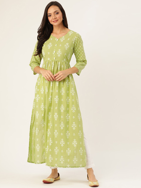 

Jaipur Kurti Women Green & White Printed Kurta with Trousers