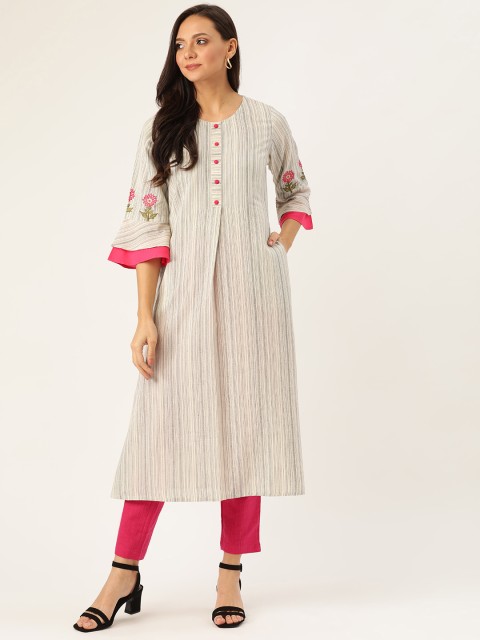 

Jaipur Kurti Women Off-White & Pink Striped Kurta with Trousers