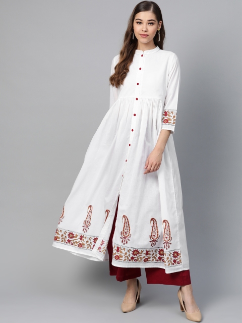 

Shae by SASSAFRAS Women White & Maroon Block Print Detail A-Line Kurta