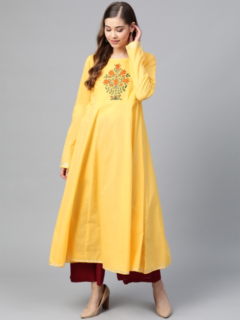 

Shae by SASSAFRAS Women Yellow & Orange Block Print Yoke Design Anarkali Kurta