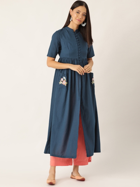 

Shae by SASSAFRAS Women Navy Blue Solid A-Line Kurta