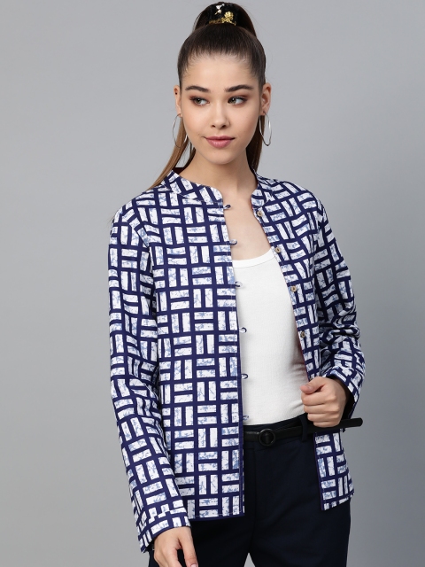 

Shae by SASSAFRAS Women Navy Blue & White Printed Ethnic Jacket