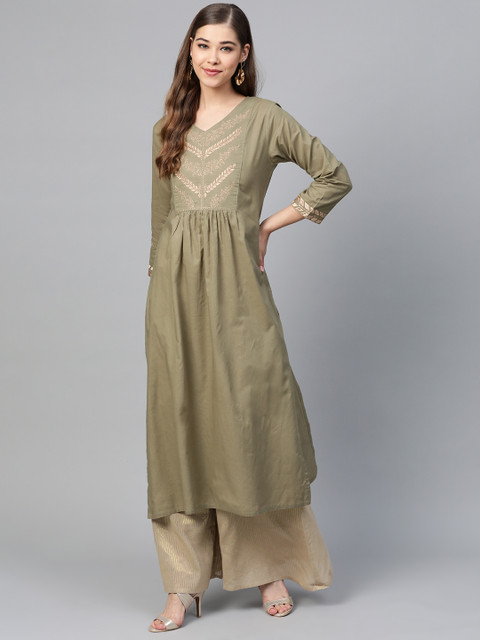 

Shae by SASSAFRAS Women Olive Green & Golden Yoke Design Straight Kurta