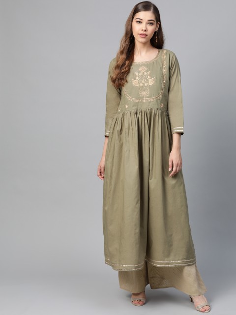 

Shae by SASSAFRAS Women Olive Green & Golden Zari Yoke Design Anarkali Kurta