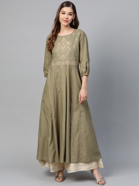 

Shae by SASSAFRAS Women Olive Green & Golden Zari Yoke Design Anarkali Kurta
