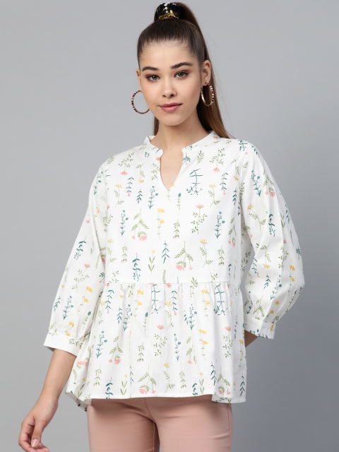 

Shae by SASSAFRAS Women White & Green Floral Printed A-Line Top