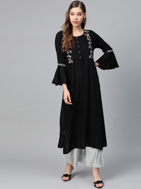 

Shae by SASSAFRAS Women Black & Silver Yoke Design Straight Kurta