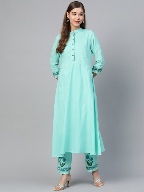 

Shae by SASSAFRAS Women Blue Solid Kurta with Block Print Trousers