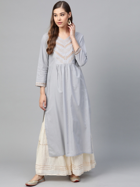 

Shae by SASSAFRAS Women Grey & Golden Yoke Design Straight Kurta