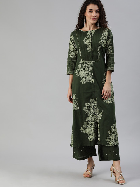 

Ishin Women Green Floral Printed Sequinned Kurta with Trousers