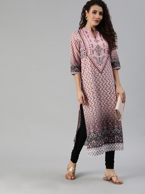 

Ishin Women Pink & Maroon Printed Straight Kurta with Thread Work