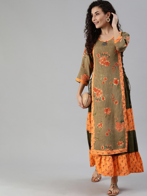 

Ishin Women Green & Orange Printed Layered A-Line Kurta with Tie-Up Detailing