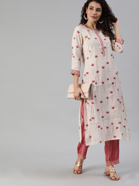 

Ishin Women White & Pink Printed Kurta with Trousers