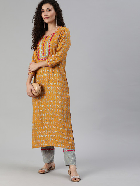 

Ishin Women Mustard Yellow & Grey Printed Kurta with Trousers