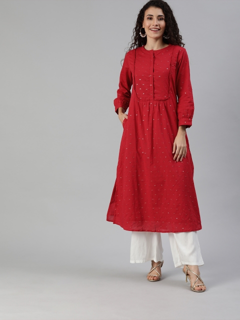 

Ishin Women Red Embellished A-Line Kurta with Gathers