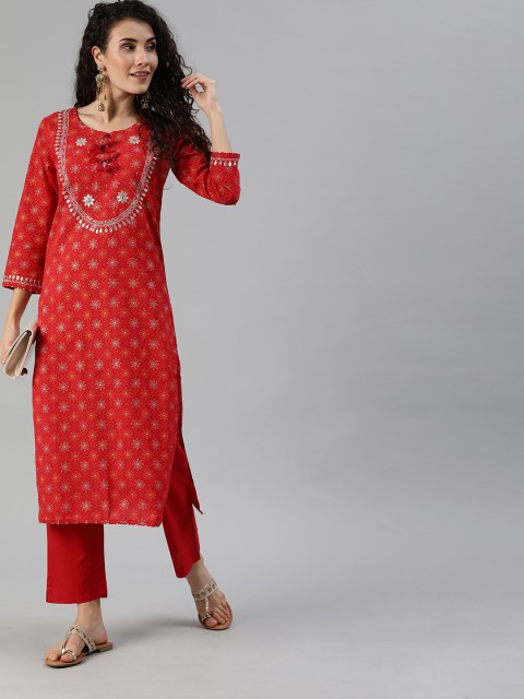 

Ishin Women Red & Gold-Toned Printed Gotta Patti Kurta with Trousers