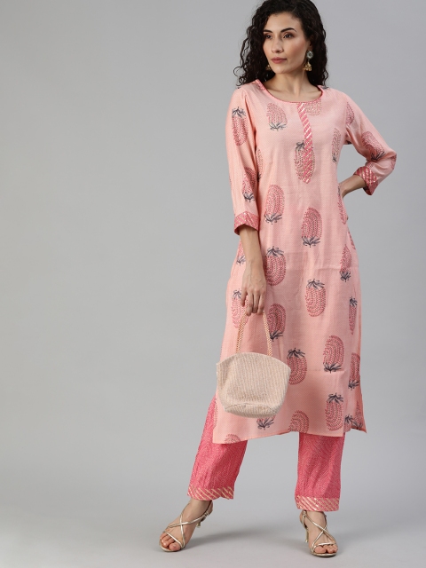 

Ishin Women Pink & Golden Printed Kurta with Trousers