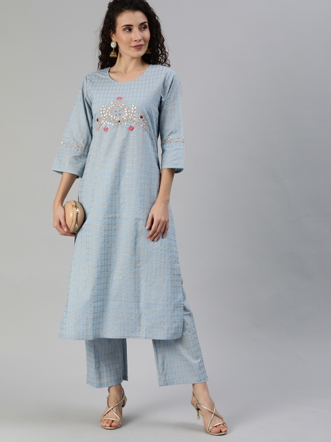

Ishin Women Blue & Golden Checked Gotta Patti Kurta with Palazzos