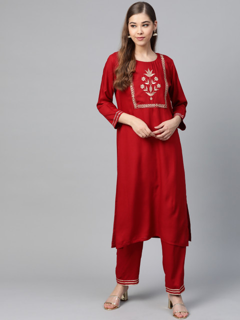 

Shae by SASSAFRAS Women Red & Golden Zari Yoke Design Kurta with Trousers