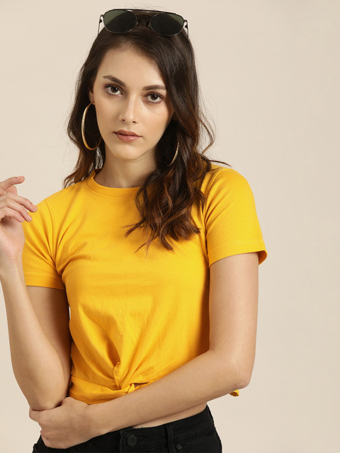 

Moda Rapido Women Mustard Yellow Solid Regular Twisted Detailing Crop Pure Cotton Top