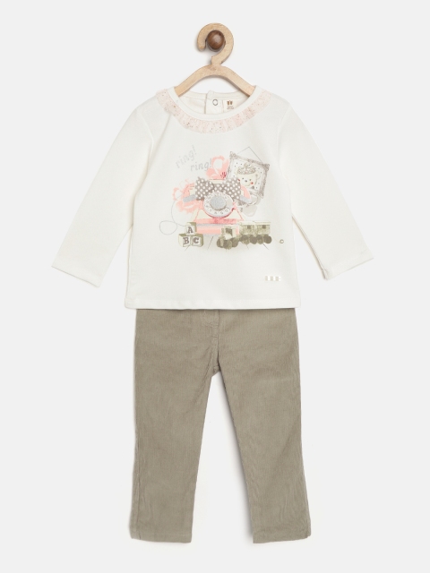 

TOFFY HOUSE Girls Off-White & Taupe Printed Top with Trousers