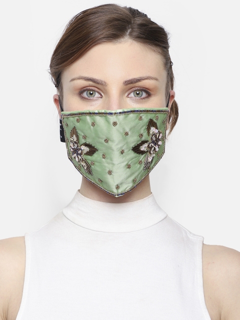 

Anekaant Women Green & Gold-Toned Art Silk Embellished 3-Ply Reusable Cloth Mask