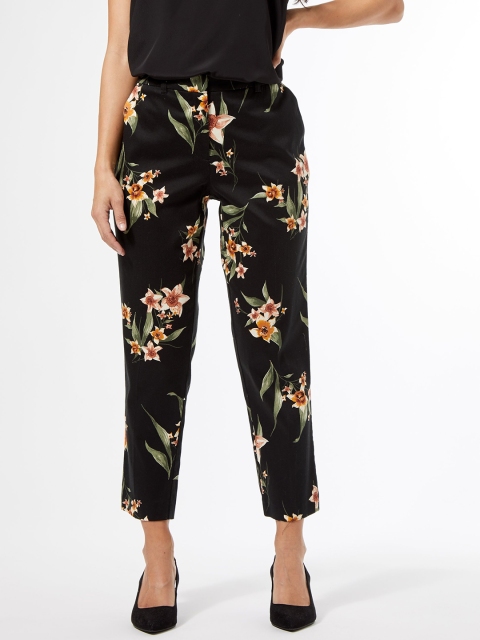 

DOROTHY PERKINS Petite Women Black & Mustard Yellow Floral Print Trousers