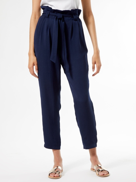 

DOROTHY PERKINS Women Navy Blue Regular Fit Cropped Solid Paperbag Waist Trousers