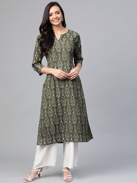 

HERE&NOW Women Olive Green & Grey Ethnic Printed Straight Kurta