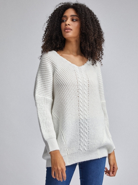 

DOROTHY PERKINS Women White Cable Knit Detail Longline Pullover Sweater