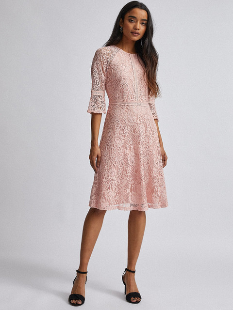 

DOROTHY PERKINS Petite Women Peach-Coloured Lace A-Line Dress