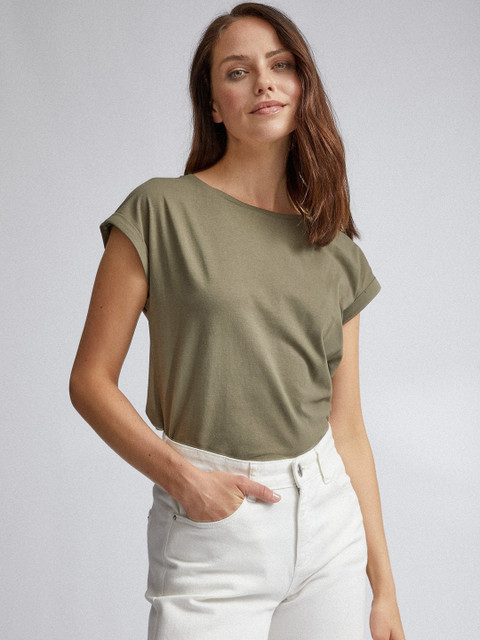 

DOROTHY PERKINS Women Olive Green Solid Boat Neck T-shirt