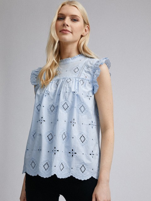 

DOROTHY PERKINS Women Blue Lace Schiffli Embroidered Organic Cotton Semi-Sheer Top