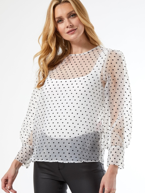 

DOROTHY PERKINS Women White & Black Sheer Heart Print Top