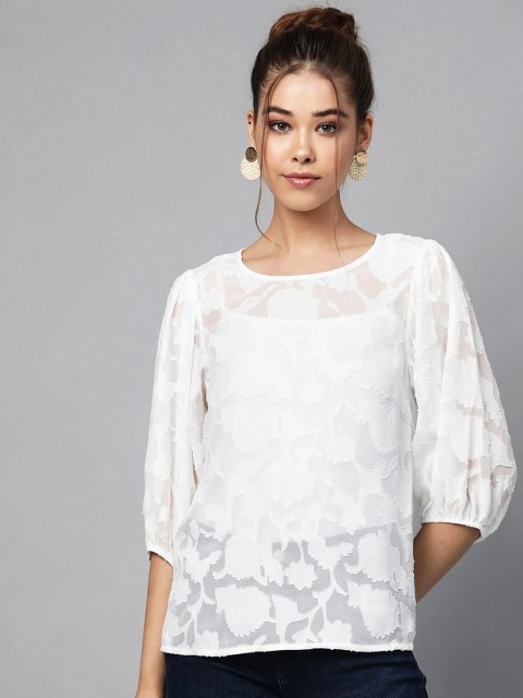 

DOROTHY PERKINS Women White Self Design Semi-Sheer Top