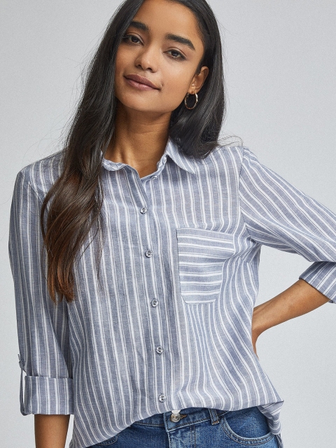 

DOROTHY PERKINS Women Blue & White Petite Regular Fit Striped Casual Shirt