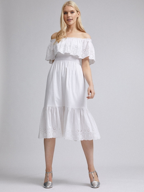 

DOROTHY PERKINS Women White Schiffli Embroidered Off Shoulder A-Line Dress