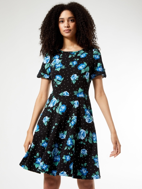 

DOROTHY PERKINS Women Black & Blue Floral Printed Polka Dot A-Line Dress