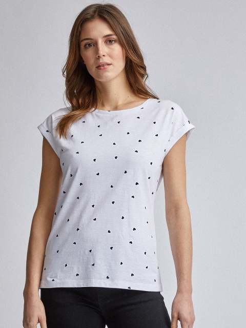 

DOROTHY PERKINS Women White & Black Heart Print Boat Neck T-shirt