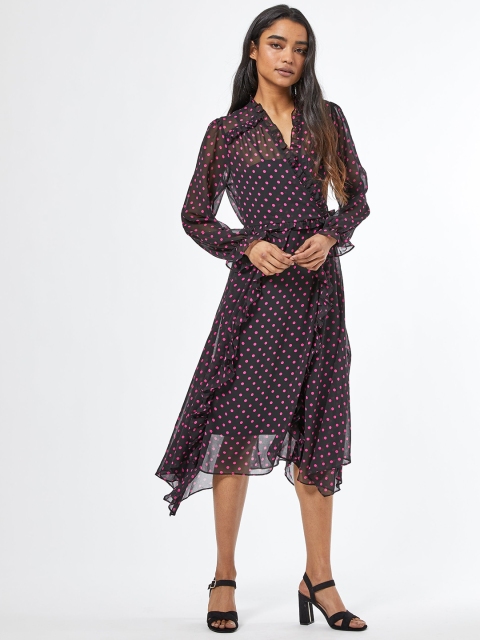 

DOROTHY PERKINS Women Black & Pink Polka Dots Print Wrap Dress