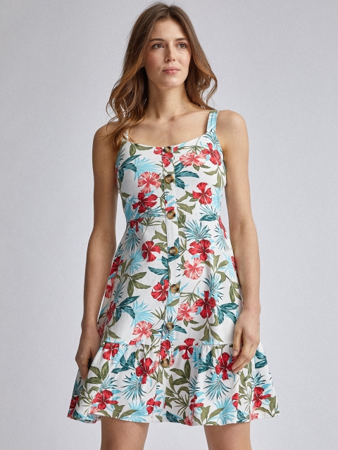 

DOROTHY PERKINS Women Off-White & Blue Topical Printed Fit and Flare Dress