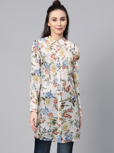 

DOROTHY PERKINS White & Blue Regular Fit Floral Print Semi-Sheer Casual Longline Shirt