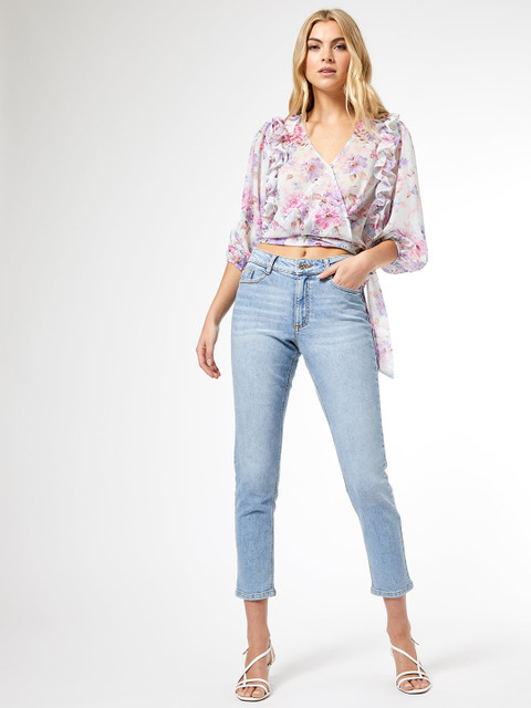 

DOROTHY PERKINS Women Blue & Pink Floral Print Cinched Waist Victorian Top
